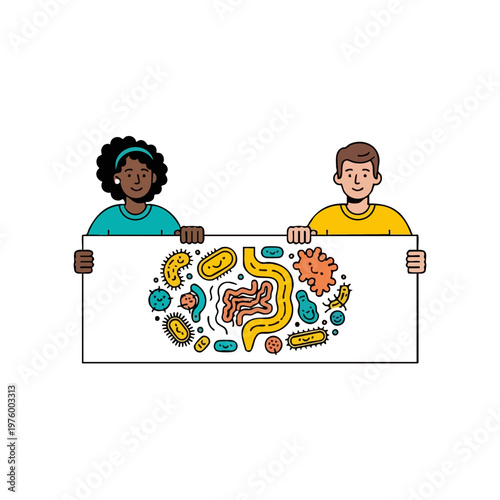 Diverse people holding a sign with gut bacteria and microorganisms