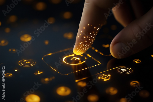 Luxury-style concept of a finger touching golden eco icons on a reflective dark surface, premium sustainability branding, elegant lighting and soft shadows