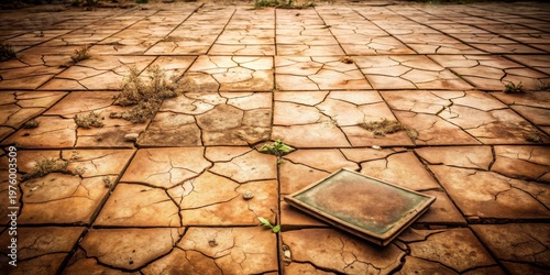 A weathered, cracked tile surface reveals resilience amidst aridity; a forgotten object rests upon the parched earth, a silent testament to time's passage.