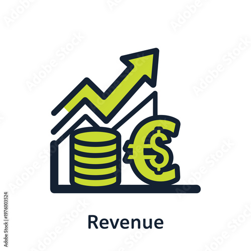 Illustration of revenue growth with rising arrow, gold coins, and dollar sign symbolizing financial success
