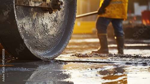 slurry. A cement mixer on a construction site with grey slurry inside. safety posters, maintenance manuals, designed for industrial assembly lines and welding operations.
