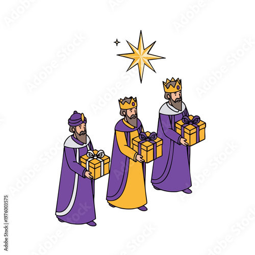 Isometric Three Wise Men with Gift Boxes Under a Shining Star