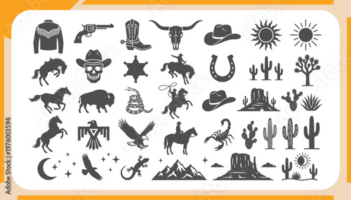 Large Collection of Wild West Vector Icons and Desert Silhouette Elements Featuring Cowboy Boots, Cactus, Skull, Bison, Eagle, and Horse Icons for Vintage Design