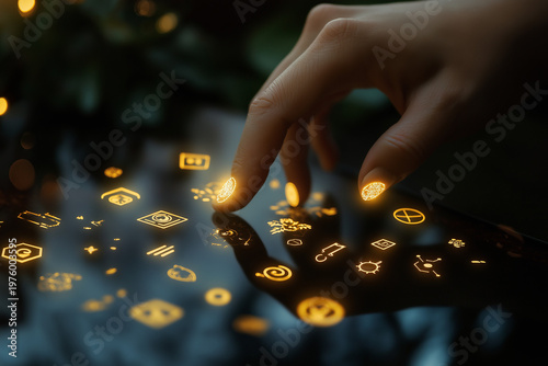 Luxury-style concept of a finger touching golden eco icons on a reflective dark surface, premium sustainability branding, elegant lighting and soft shadows