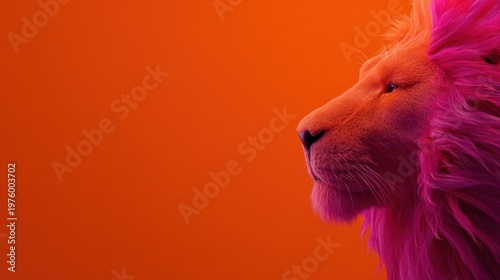 Neon pink maned lion profile on vivid orange background with dramatic studio lighting