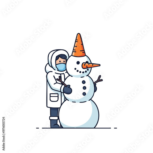 Person in winter parka building a snowman with a traffic cone hat