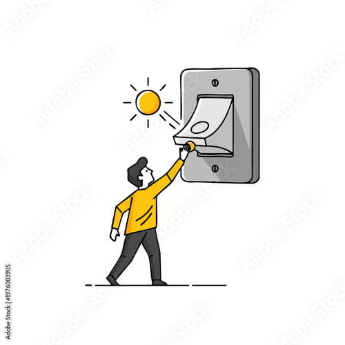 Man Reaching Up to Turn on Large Light Switch with Sun Icon