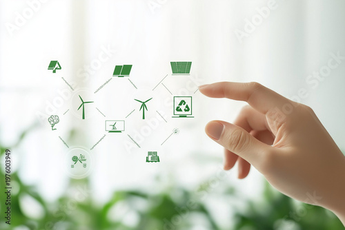Minimalist scene of a fingertip interacting with clean line environmental icons like wind turbines and solar panels, soft white background, modern sustainability UI concept