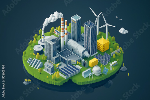Modern isometric scene of eco-friendly corporate offices, green factories, and community infrastructure powered by solar panels and wind turbines, unified in a circular composition