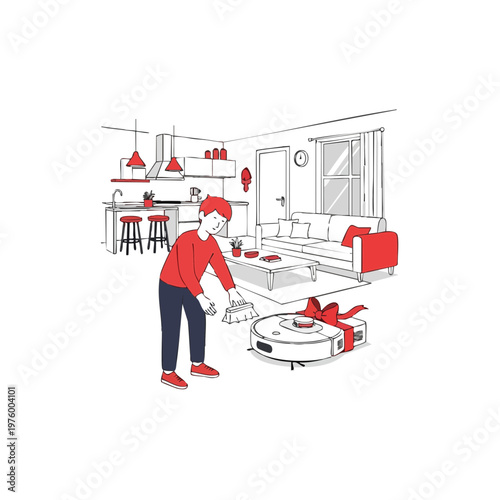 Young Man Cleaning a New Robot Vacuum Cleaner Gift at Home