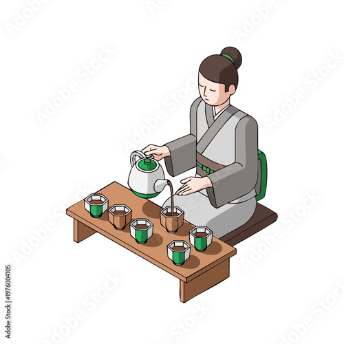 Isometric View of a Traditional Tea Ceremony with Woman Pouring Tea