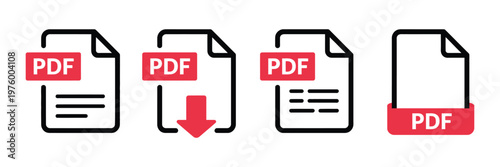 PDF file icons in vector format, including download and document symbols, suitable for texts, images, videos, and interactive forms.