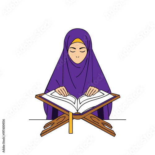 Muslim woman in purple hijab reading Quran on wooden stand