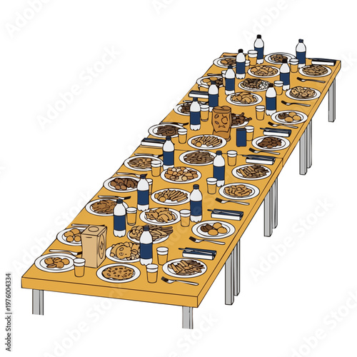 Community Dining Table Set with Food and Drinks