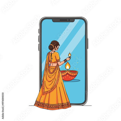 Indian Woman with Diya Lamp on Smartphone Screen Illustration