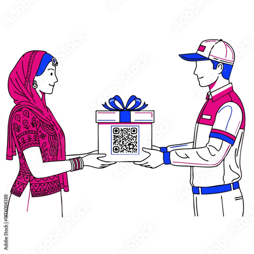 Delivery Person Handing Gift Box with QR Code to Traditional Woman