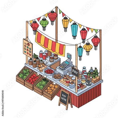 Isometric Street Market Stall with Fresh Produce and Lanterns