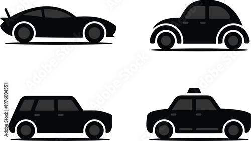 Set of stylized car silhouette icons featuring a sports car with spoiler, vintage beetle, modern hatchback, and taxi cab graphics for automotive transportation and urban city travel.