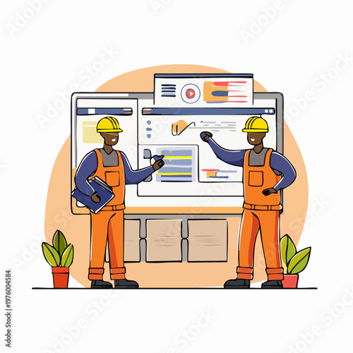 Two construction workers analyzing data on a large screen.