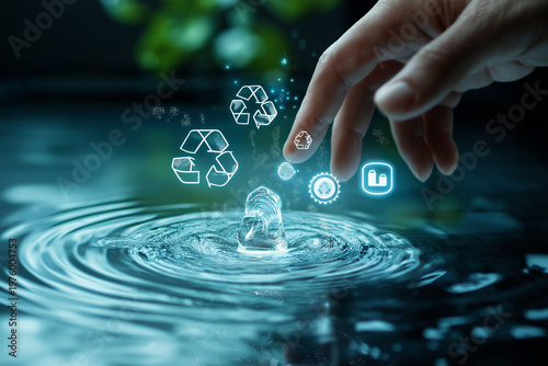 Photorealistic finger touch creating ripple effects across a digital surface, transforming into icons of recycling, clean energy, and nature conservation, symbolic sustainability scene