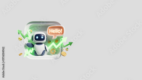 AI Growth Agent — Hello with Green Upward Arrows, Copy Space