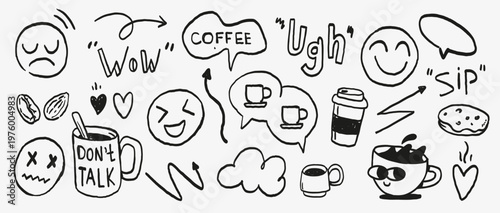 Hand drawn coffee and emotions doodle icon set with  quotes, cups, snacks, funny faces, and mood symbols. Playful black line art elements for stickers, social media, cafes and lifestyle branding.