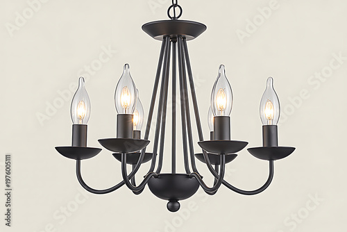Elegant Black Metal Chandelier with Lights, Modern Lighting Fixture on White Background