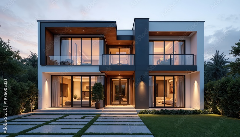 Fototapeta premium Modern luxury two story house with large glass windows and balconies. Contemporary exterior design with clean lines and wood accents. Well maintained lawn and garden with ambient outdoor lighting.