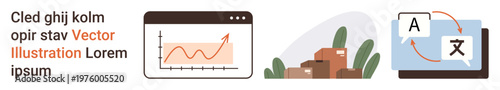 Data analysis, logistics, translation, e-commerce, shipping, global communication. A graph chart, cardboard boxes and language exchange screen. Data analysis and logistics