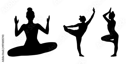 Yoga poses set with diverse human silhouettes in various positions featuring flexibility, balance, meditation with wellness and healthy lifestyle