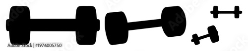 Dumbbell set with black silhouette on white background featuring exercise, fitness, weightlifting with equipment and bodybuilding