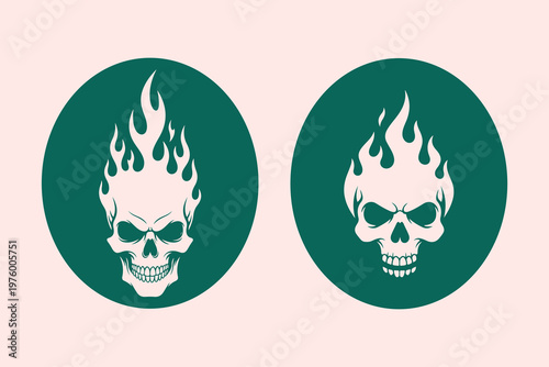 Two flaming skulls in oval frames on a light backgroundTwo flaming skulls in oval frames on a light background