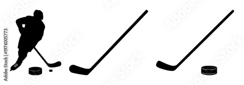 Hockey stick and puck set with black silhouette against white background featuring sport equipment, ice hockey, athletic gear with dark silhouette and white backdrop