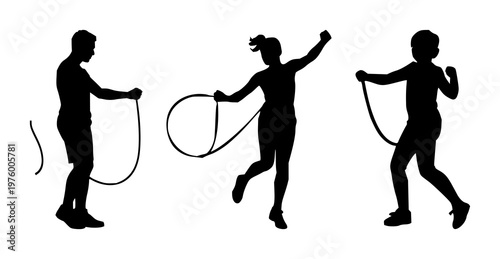 Skipping rope set with bold black silhouette on white background featuring exercise, fitness, cardio with equipment and activity