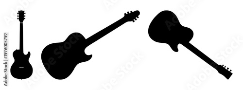 Guitar set with black silhouette on white background featuring music, instrument illustration with vector and design, line art and minimalist style