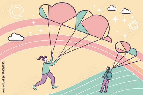 A colorful vector illustration of two people holding heart-shaped parachutes under a rainbow