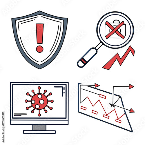 A vector graphic illustration of cybersecurity and protection icons including a shield, magnifying glass, computer virus, and graph