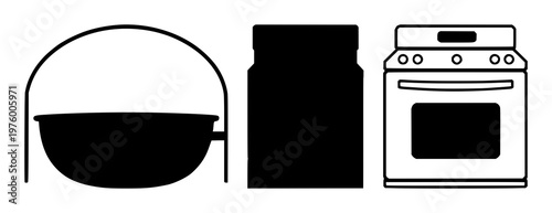 Oven set with black silhouette on white background featuring oven, kitchen appliance, bakeware with silhouette and white backdrop