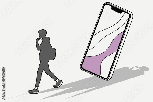 A minimalist vector illustration of a person walking while looking at a large smartphone with a purple and white screen