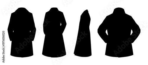 Coat set with single black silhouette on clean white background featuring apparel, outerwear, fashion illustration with monochrome and silhouette graphics