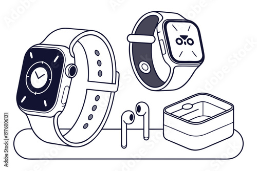 A minimalist line art illustration of a smartwatch and earbuds with charging case