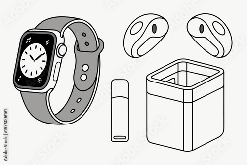 A vector graphic illustration of a smartwatch, earbuds, and a charging case
