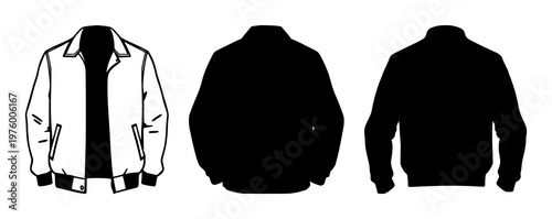 Jacket set with black silhouette on white background featuring garment, apparel, outerwear with clothing and fashion trends now
