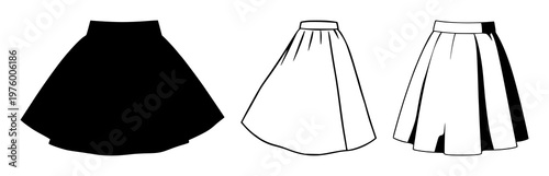 Skirt set with elongated black silhouette against stark white background featuring gothic fashion, apparel, silhouette with line art and minimalist vector illustration