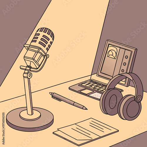 A minimalist vector illustration of a podcasting setup with a microphone, laptop, headphones, and paper notes on a desk