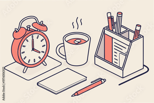 A minimalist vector illustration of a desk with an alarm clock, coffee cup, notebook, and pen holder