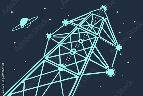 A futuristic vector graphic illustration of a space tower with a planet in the background