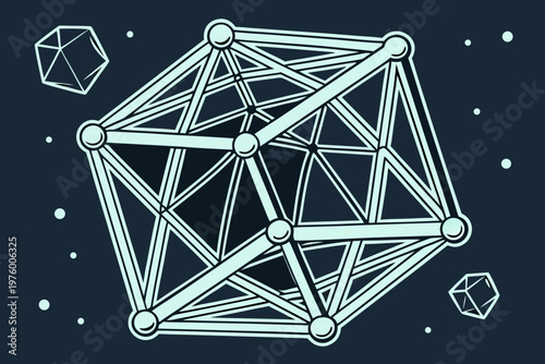 A vector graphic illustration of a geometric molecular structure in space with connected nodes and lines