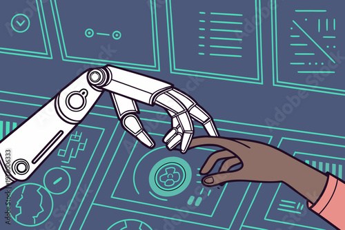 A robotic arm and a human hand touching in a futuristic interface with neon blue lines and symbols