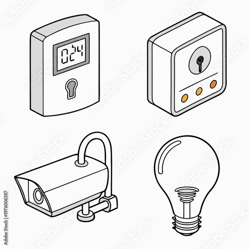 A set of four security and lighting icons including a digital lock, key lock, security camera, and light bulb in a minimalist line art style